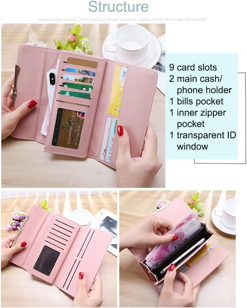 WOOLALA Women Cute Bowknot Wallet Trifold Large Capacity Long Purse