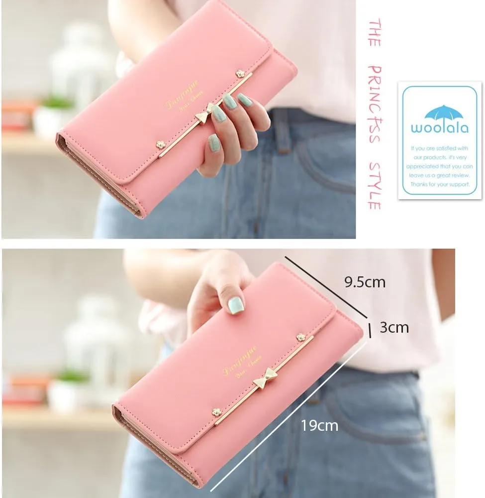 WOOLALA Women Cute Bowknot Wallet Trifold Large Capacity Long Purse