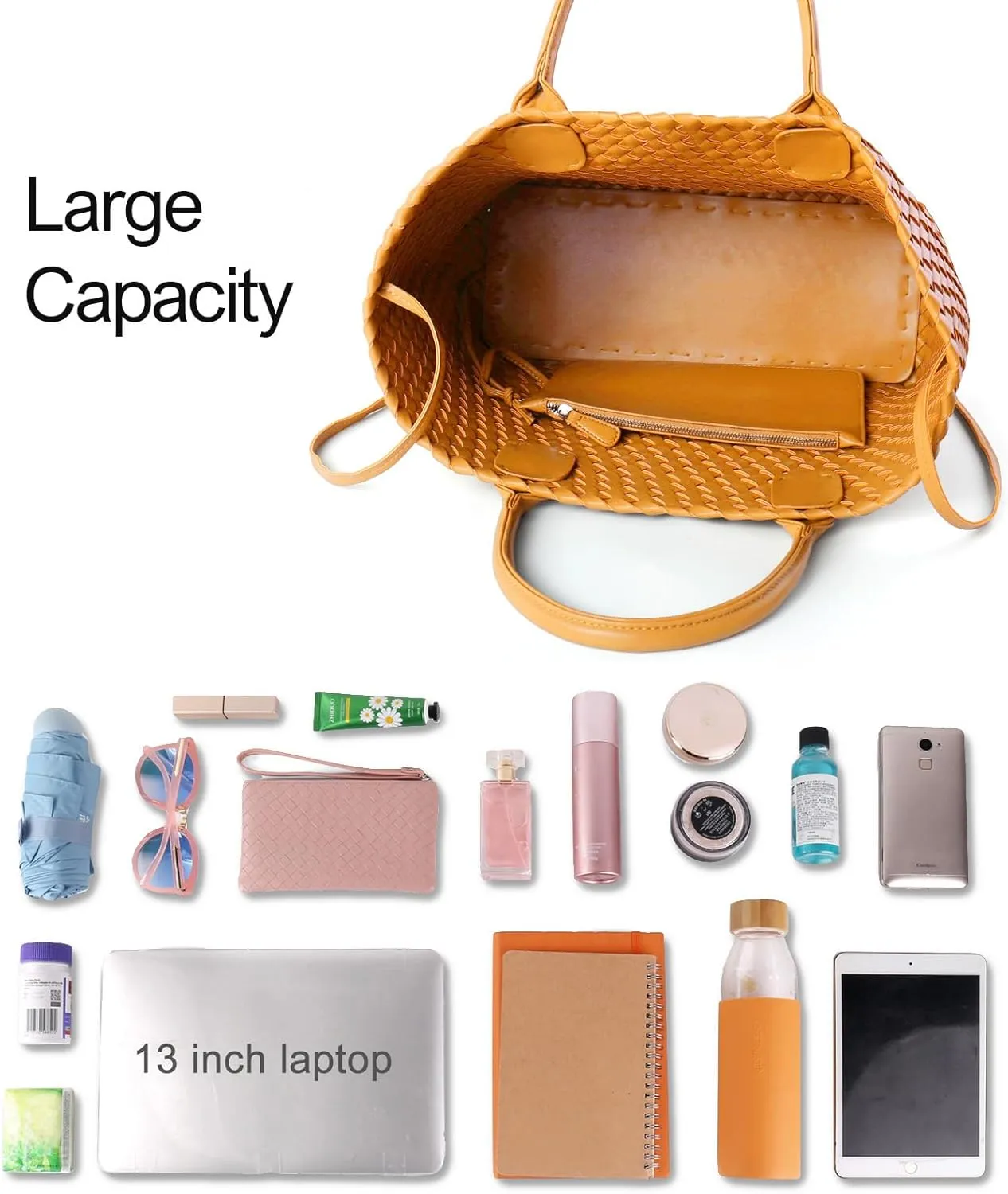 Woven Tote Bag for Women Retro Handwoven Shoulder Travel Handbag Large Capacity Hobo Vegan Leather Bags with Purse