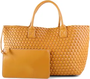 Woven Tote Bag for Women Retro Handwoven Shoulder Travel Handbag Large Capacity Hobo Vegan Leather Bags with Purse