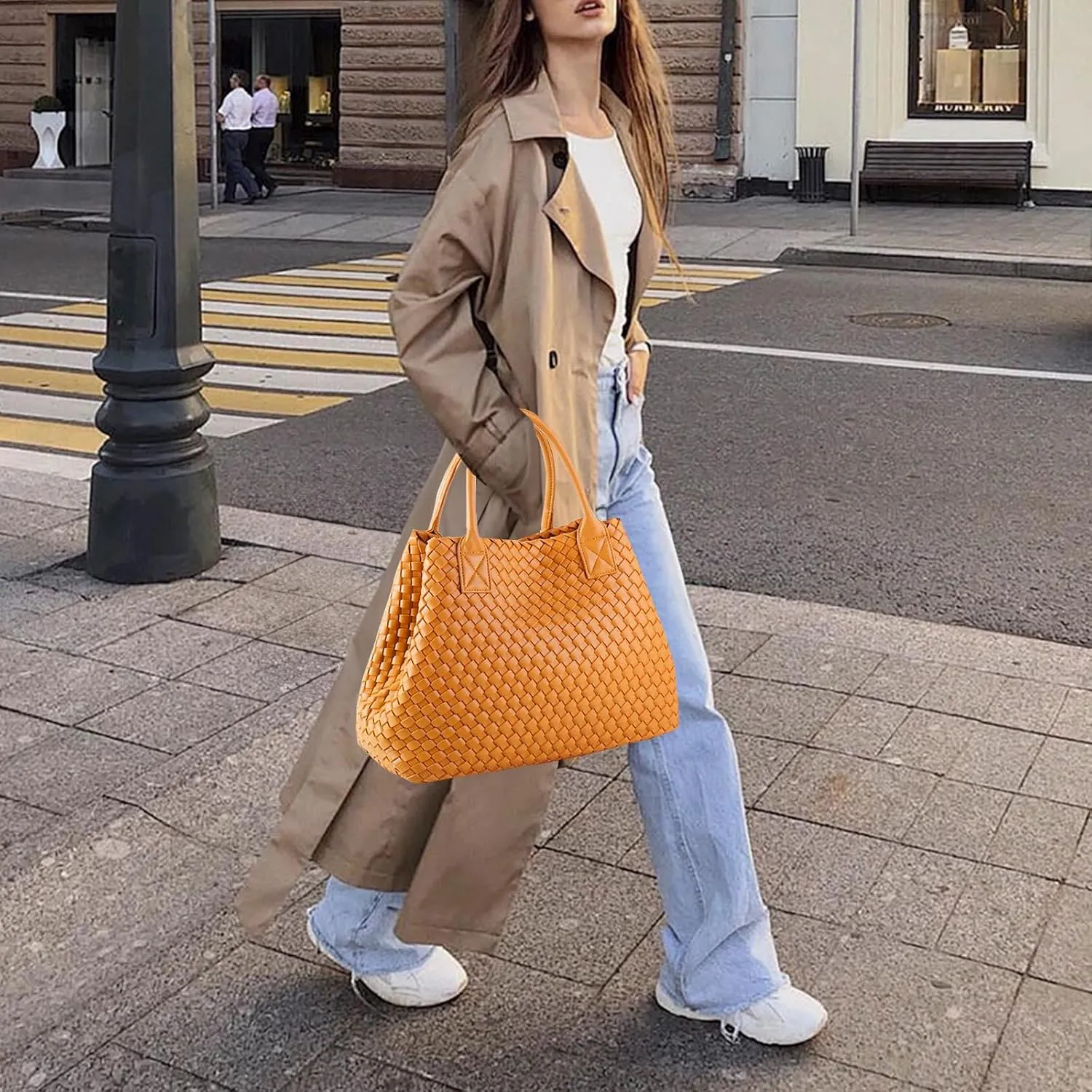 Woven Tote Bag for Women Retro Handwoven Shoulder Travel Handbag Large Capacity Hobo Vegan Leather Bags with Purse