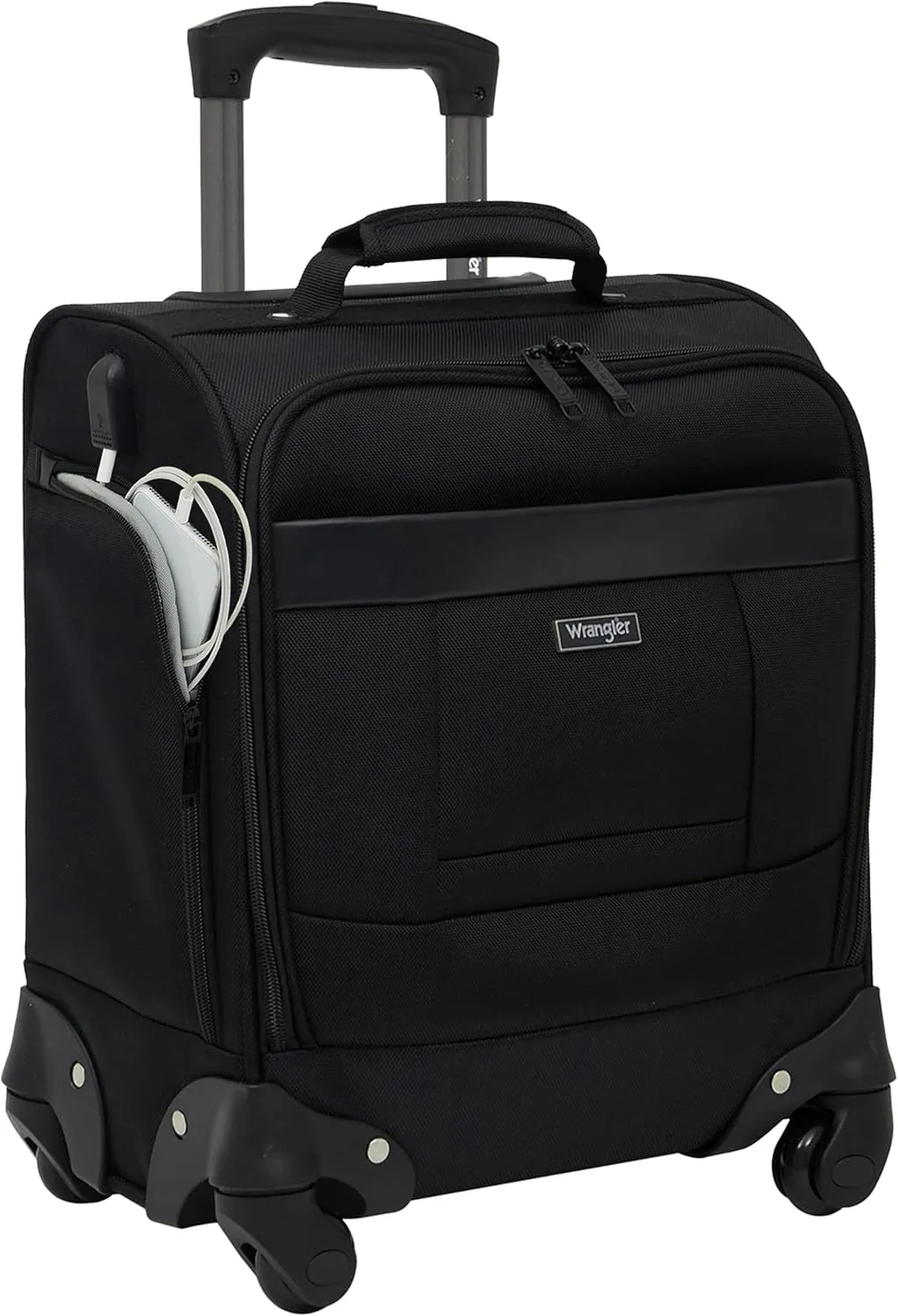 Wrangler 4-Wheel Spinner Luggage with Side USB Port, Black, 17-Inch Underseat Carry-On