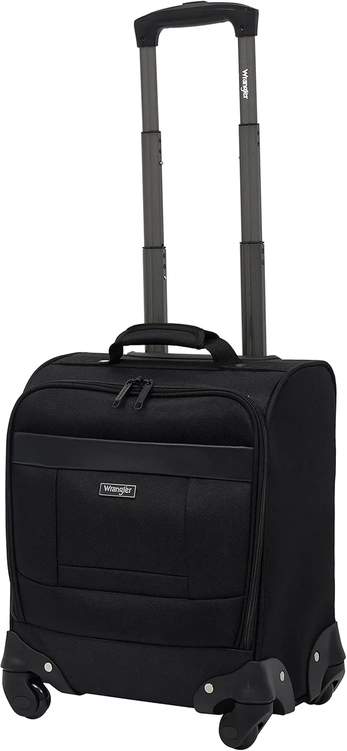 Wrangler 4-Wheel Spinner Luggage with Side USB Port, Black, 17-Inch Underseat Carry-On