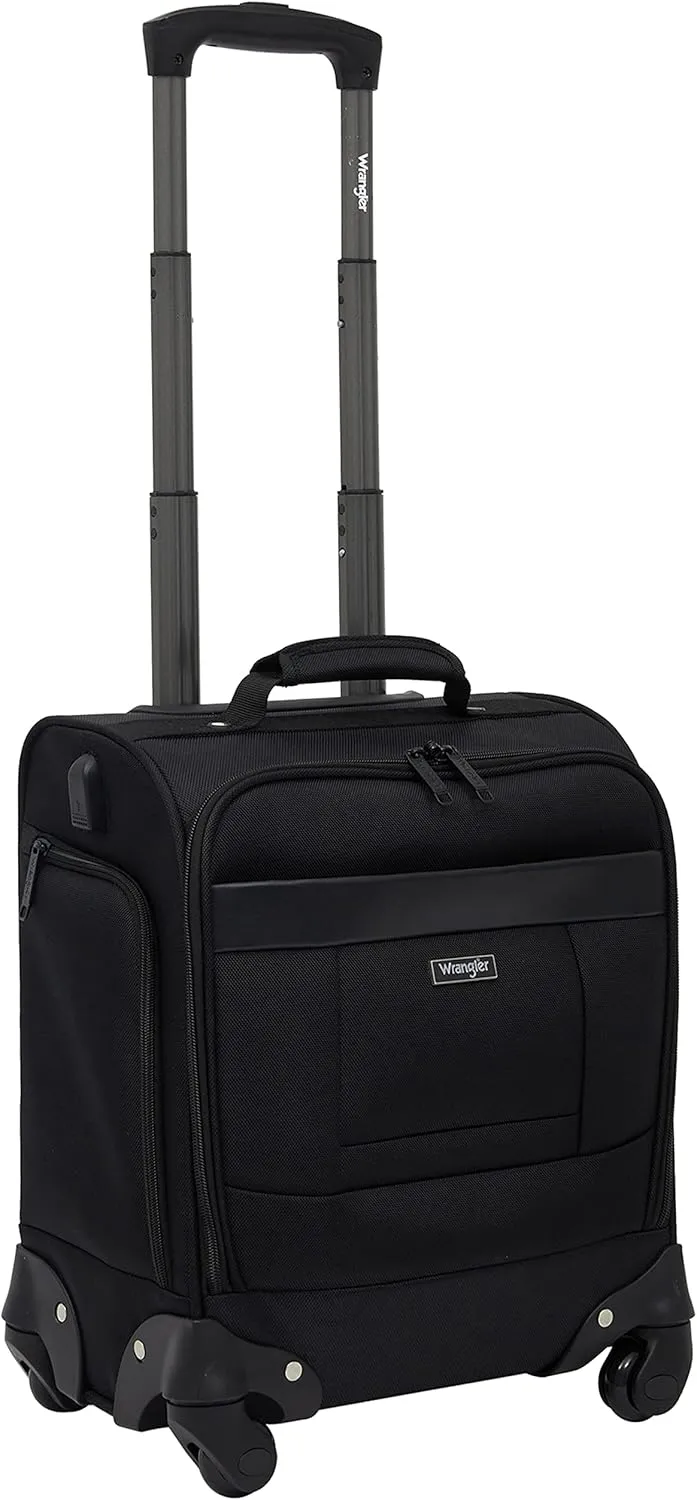 Wrangler 4-Wheel Spinner Luggage with Side USB Port, Black, 17-Inch Underseat Carry-On