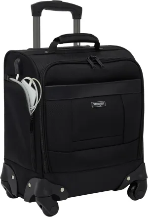 Wrangler 4-Wheel Spinner Luggage with Side USB Port, Black, 17-Inch Underseat Carry-On