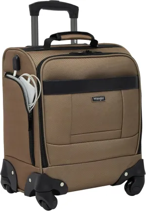 Wrangler 4-Wheel Spinner Luggage with Side USB Port, Mocha, 17-Inch Underseat Carry-On