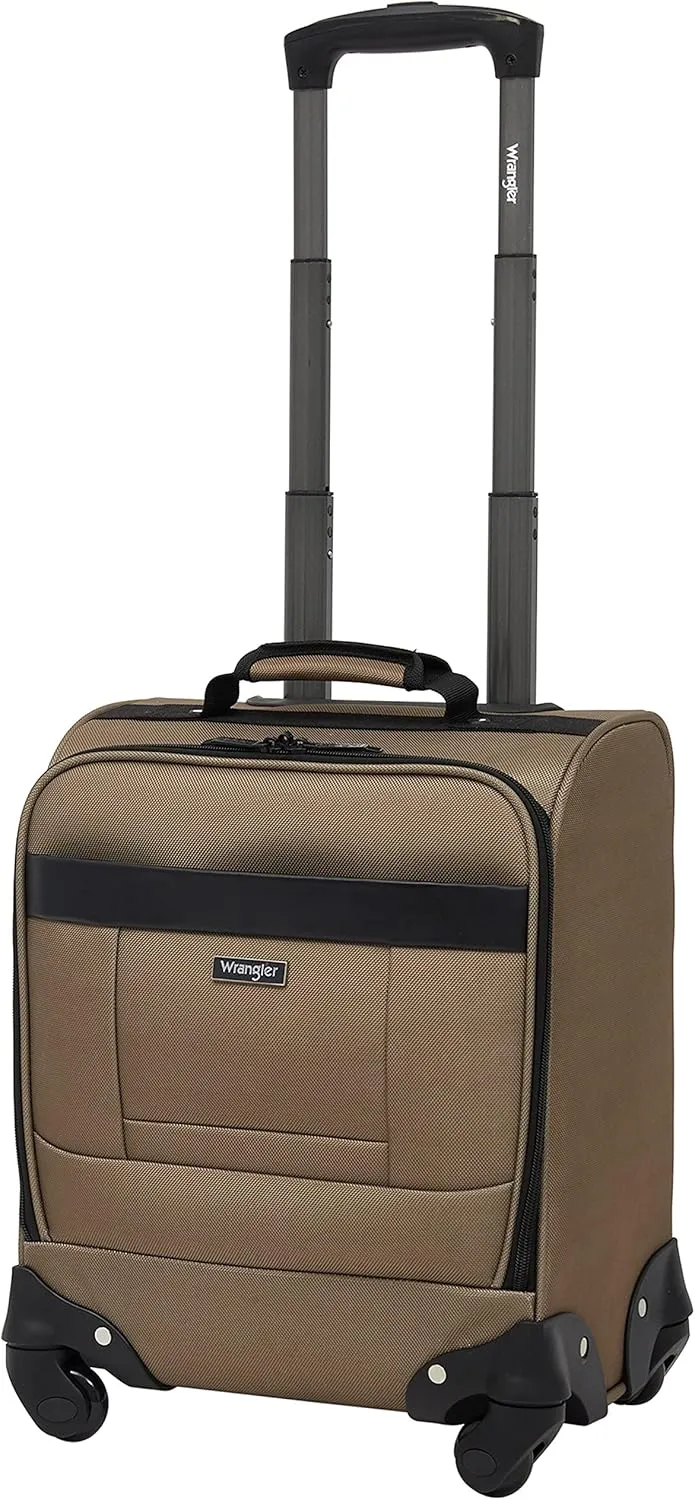 Wrangler 4-Wheel Spinner Luggage with Side USB Port, Mocha, 17-Inch Underseat Carry-On