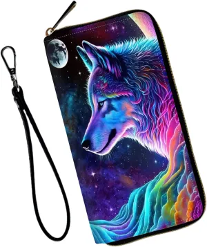 Wristlet Wallet for Women Teen Girls RFID Blocking Credit Card Holder with Removable Wristlet, Leather Phone Wallet Clutch Large Capacity Ladies Travel Purse-Nebula/Galaxy Wolf