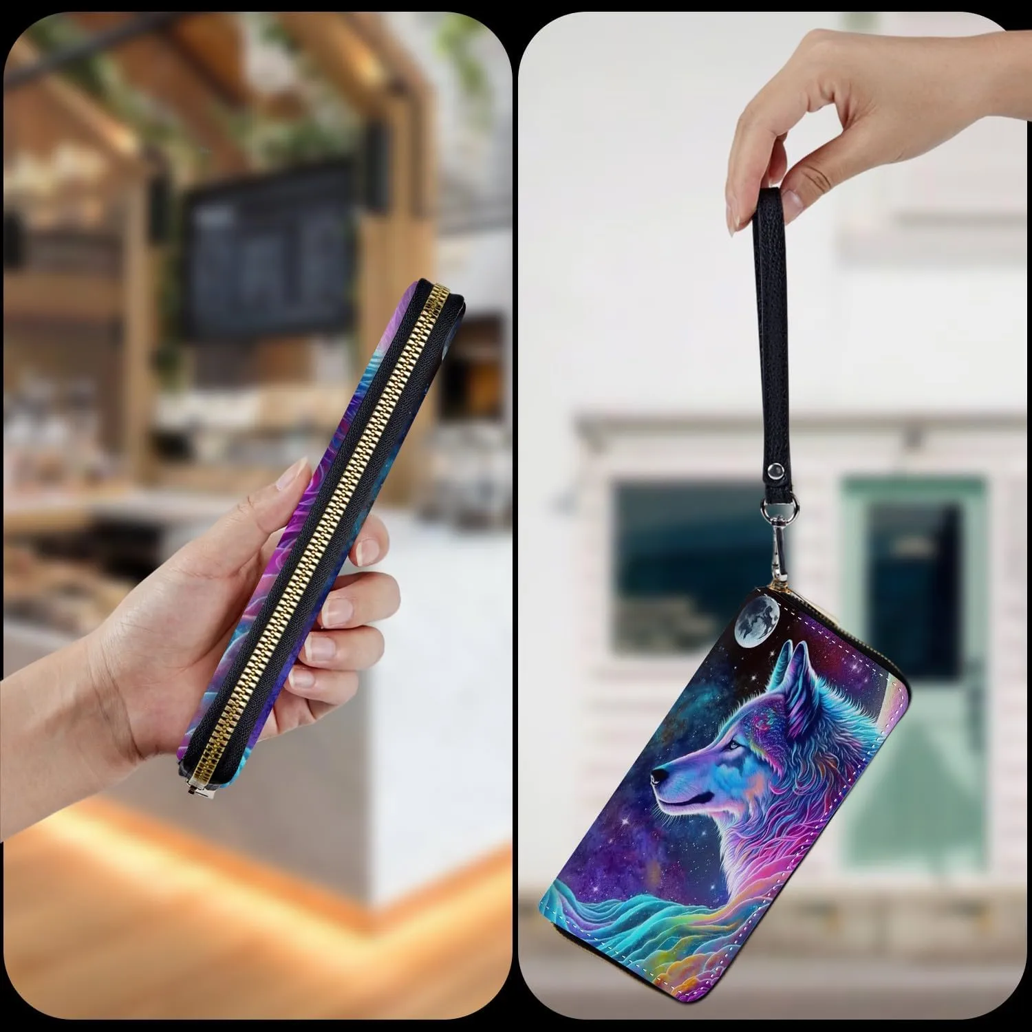 Wristlet Wallet for Women Teen Girls RFID Blocking Credit Card Holder with Removable Wristlet, Leather Phone Wallet Clutch Large Capacity Ladies Travel Purse-Nebula/Galaxy Wolf