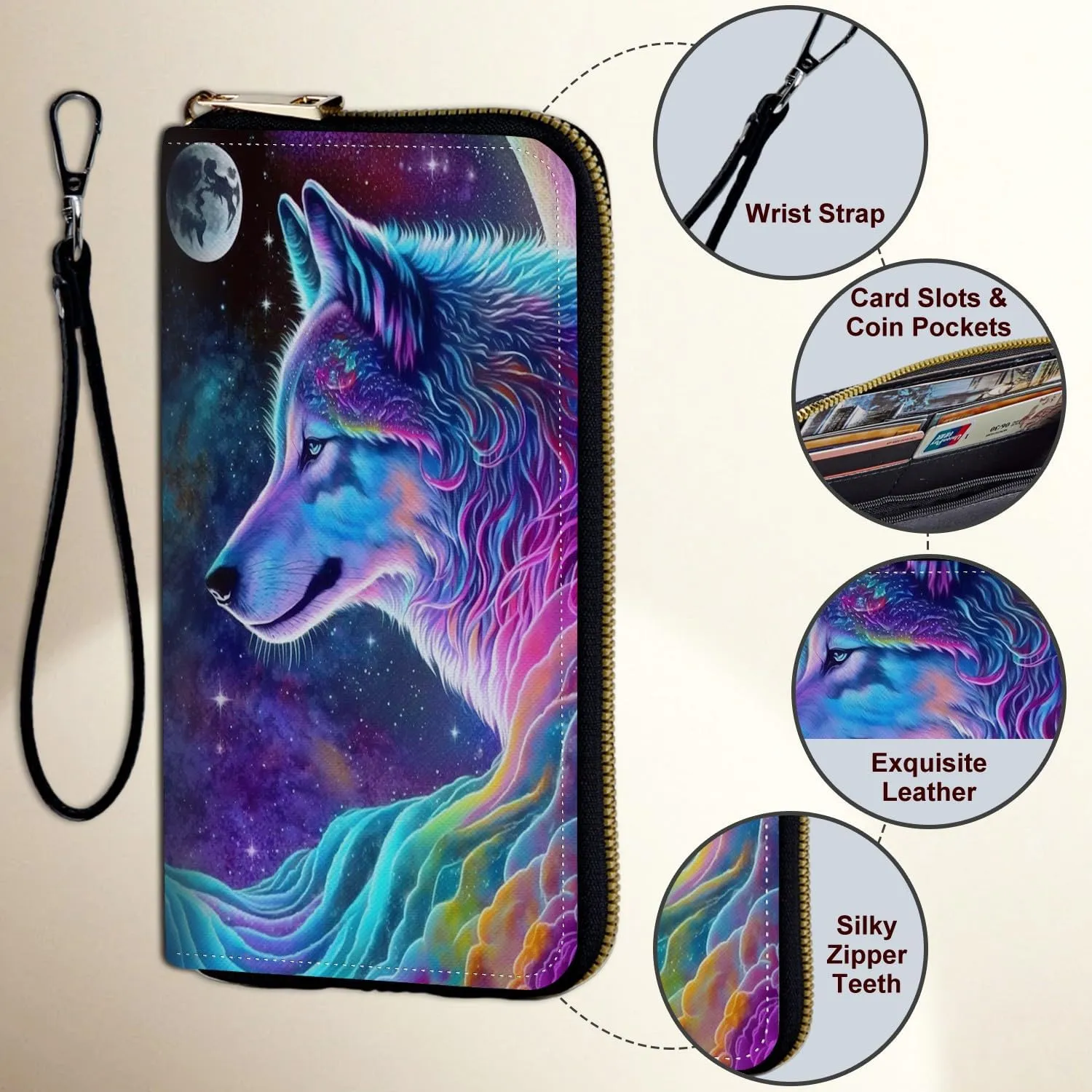 Wristlet Wallet for Women Teen Girls RFID Blocking Credit Card Holder with Removable Wristlet, Leather Phone Wallet Clutch Large Capacity Ladies Travel Purse-Nebula/Galaxy Wolf