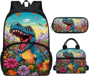 Xhuibop Floral Dinosaur Backpack and Lunch Bag Set for Boys Kids School Bag with Lunchbox for Boys 8-12/12-14 3 PCS Bookbag with Lunch Bag Pencil Case Book Bag for 5th Grade Girls
