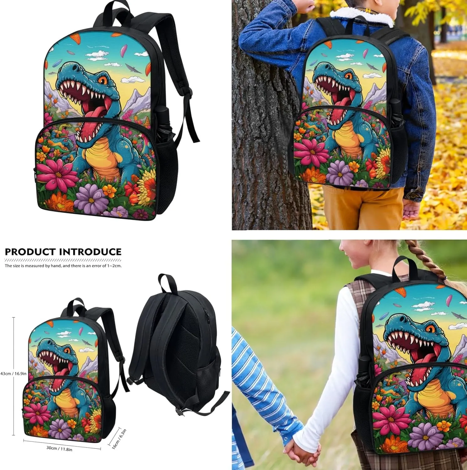 Xhuibop Floral Dinosaur Backpack and Lunch Bag Set for Boys Kids School Bag with Lunchbox for Boys 8-12/12-14 3 PCS Bookbag with Lunch Bag Pencil Case Book Bag for 5th Grade Girls