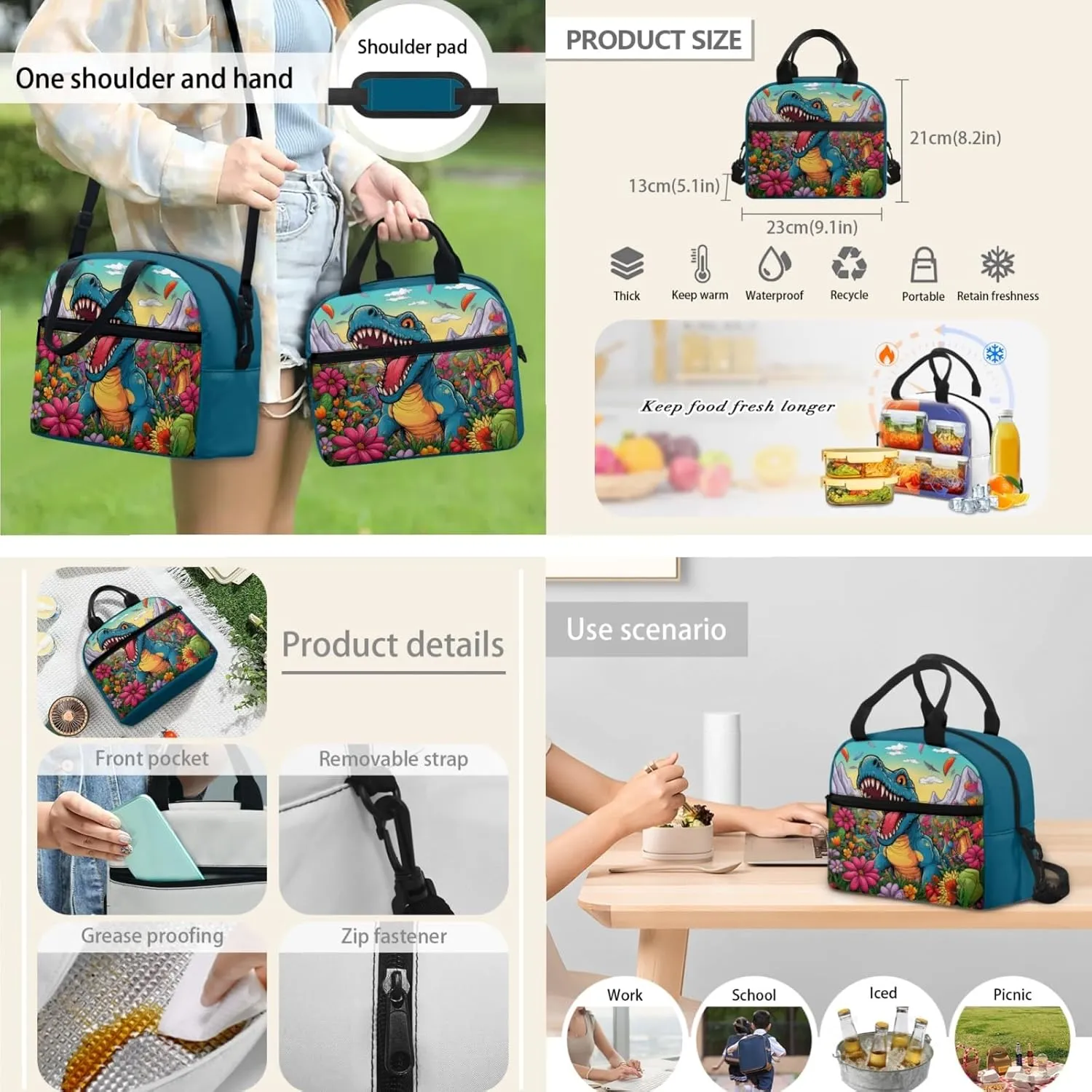 Xhuibop Floral Dinosaur Backpack and Lunch Bag Set for Boys Kids School Bag with Lunchbox for Boys 8-12/12-14 3 PCS Bookbag with Lunch Bag Pencil Case Book Bag for 5th Grade Girls