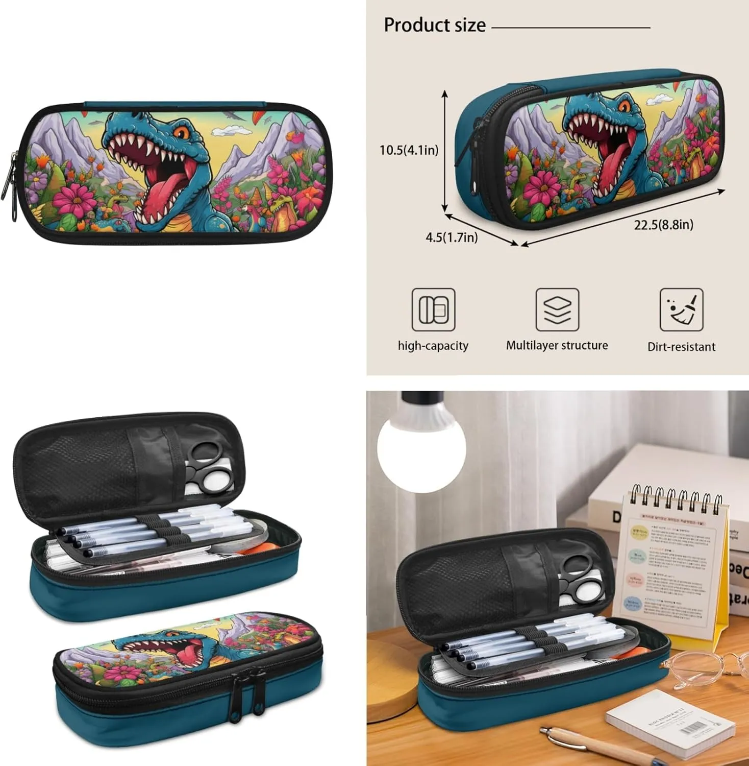 Xhuibop Floral Dinosaur Backpack and Lunch Bag Set for Boys Kids School Bag with Lunchbox for Boys 8-12/12-14 3 PCS Bookbag with Lunch Bag Pencil Case Book Bag for 5th Grade Girls