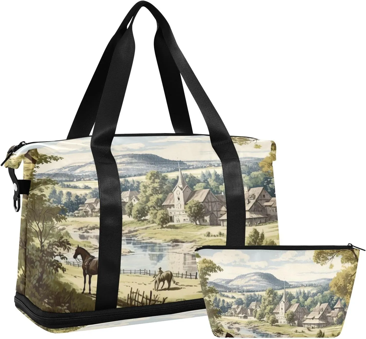 xigua Gym Bag Village with Horses Travel Duffel Bag - Sports Gym Bag with Dry Wet Pocket Cosmetic bag & Shoes Compartment for Women and Men