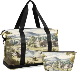 xigua Gym Bag Village with Horses Travel Duffel Bag - Sports Gym Bag with Dry Wet Pocket Cosmetic bag & Shoes Compartment for Women and Men