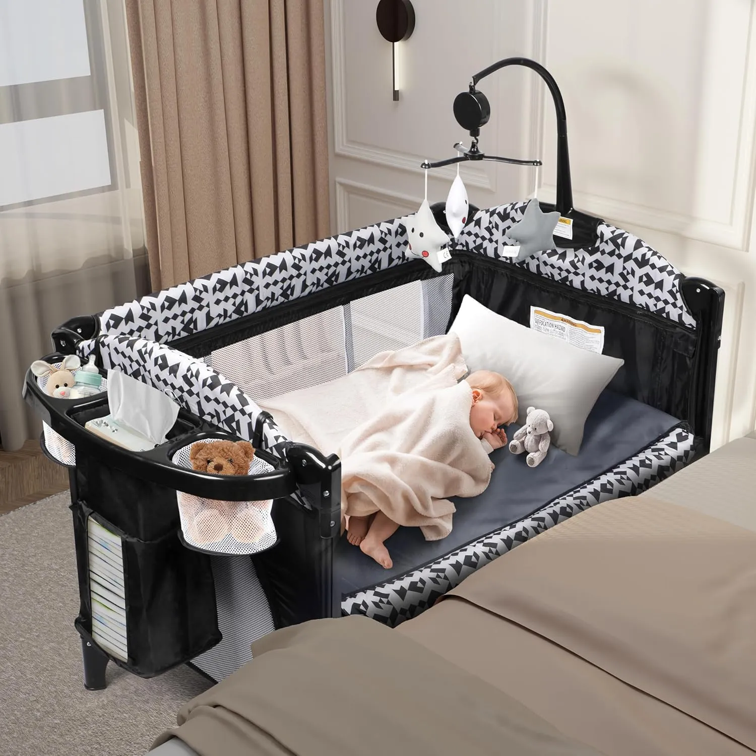 Xilingol 5-in-1 Pack and Play, Baby Bassinet Bedside Sleeper with Diaper Changer, Storage Bag & Music Box, Portable Baby Crib with Carry Bag, Foldable Playard with Bassinet for Newborn to Toddlers