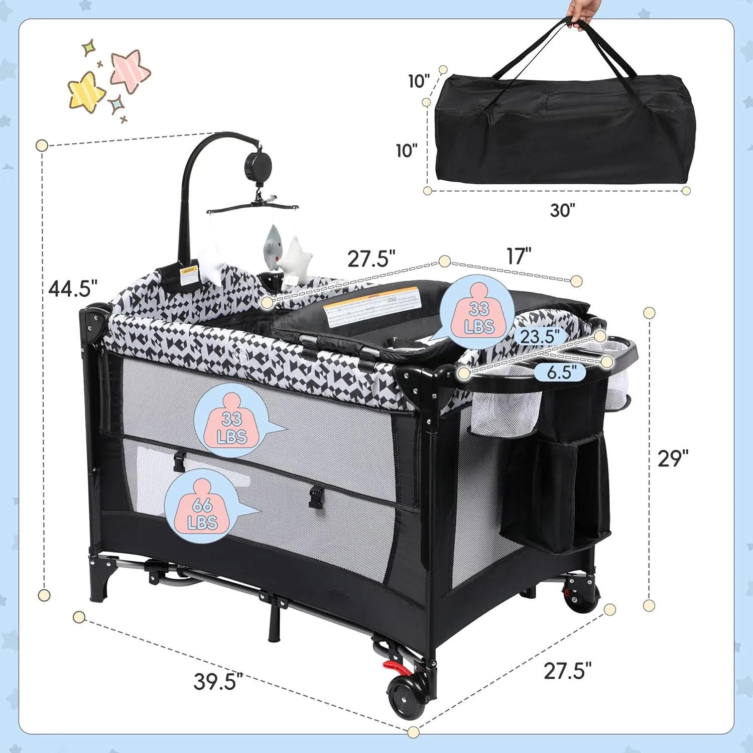 Xilingol 5-in-1 Pack and Play, Baby Bassinet Bedside Sleeper with Diaper Changer, Storage Bag & Music Box, Portable Baby Crib with Carry Bag, Foldable Playard with Bassinet for Newborn to Toddlers