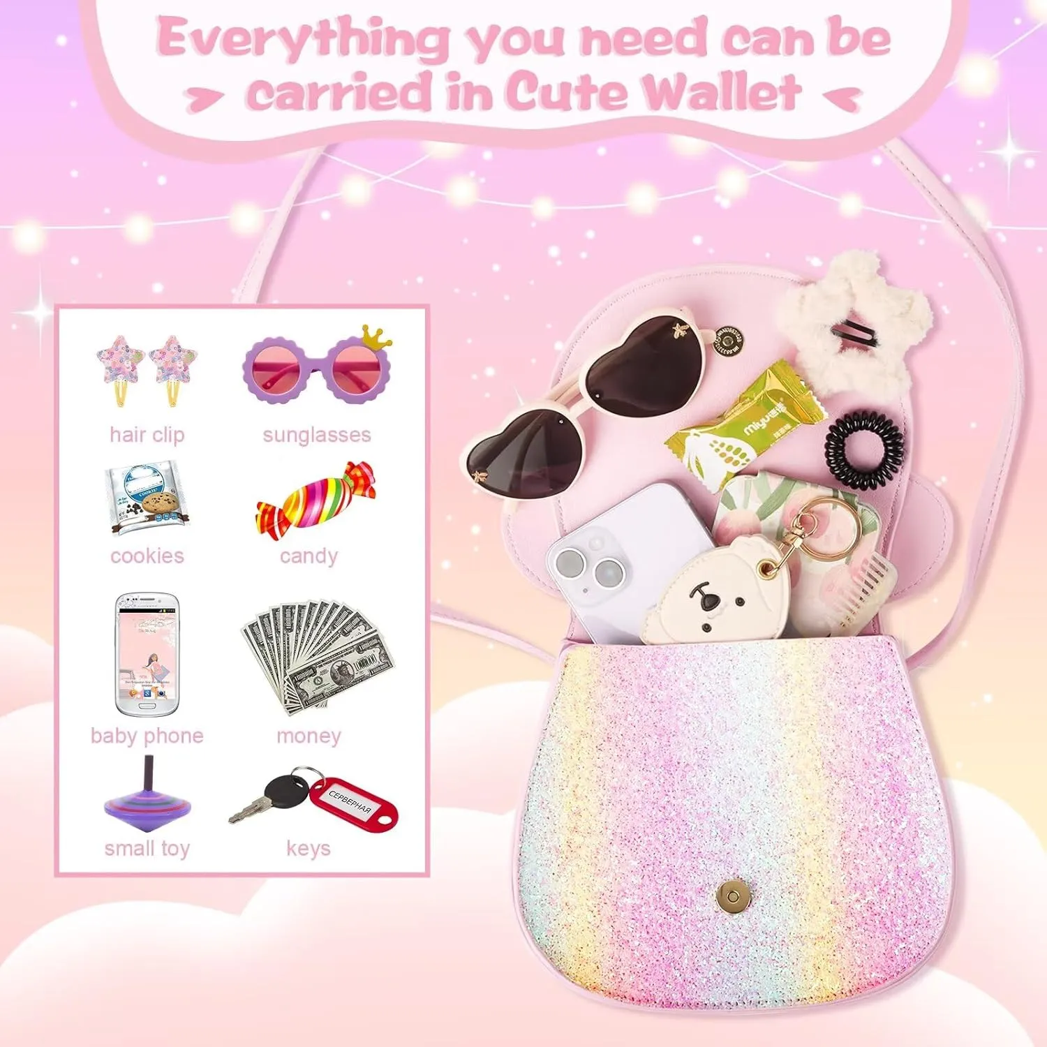 XSUIOY Toddler Purse Girl Wallet for Kids 2-9 Year Old Birthday Gifts,Cute Mouse Ear Bow Crossbody Shoulder Purse,Personalized Initial Purse Toddler Wallet Gifts for Little Girl(glitter pink_S)