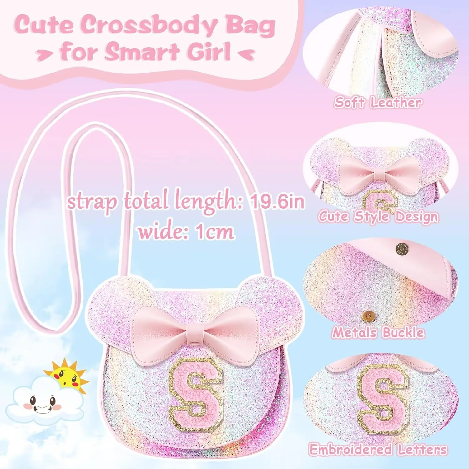 XSUIOY Toddler Purse Girl Wallet for Kids 2-9 Year Old Birthday Gifts,Cute Mouse Ear Bow Crossbody Shoulder Purse,Personalized Initial Purse Toddler Wallet Gifts for Little Girl(glitter pink_S)