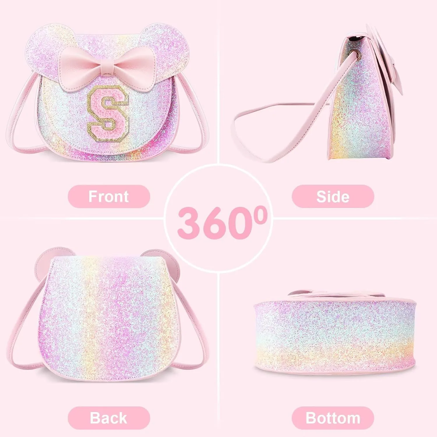 XSUIOY Toddler Purse Girl Wallet for Kids 2-9 Year Old Birthday Gifts,Cute Mouse Ear Bow Crossbody Shoulder Purse,Personalized Initial Purse Toddler Wallet Gifts for Little Girl(glitter pink_S)