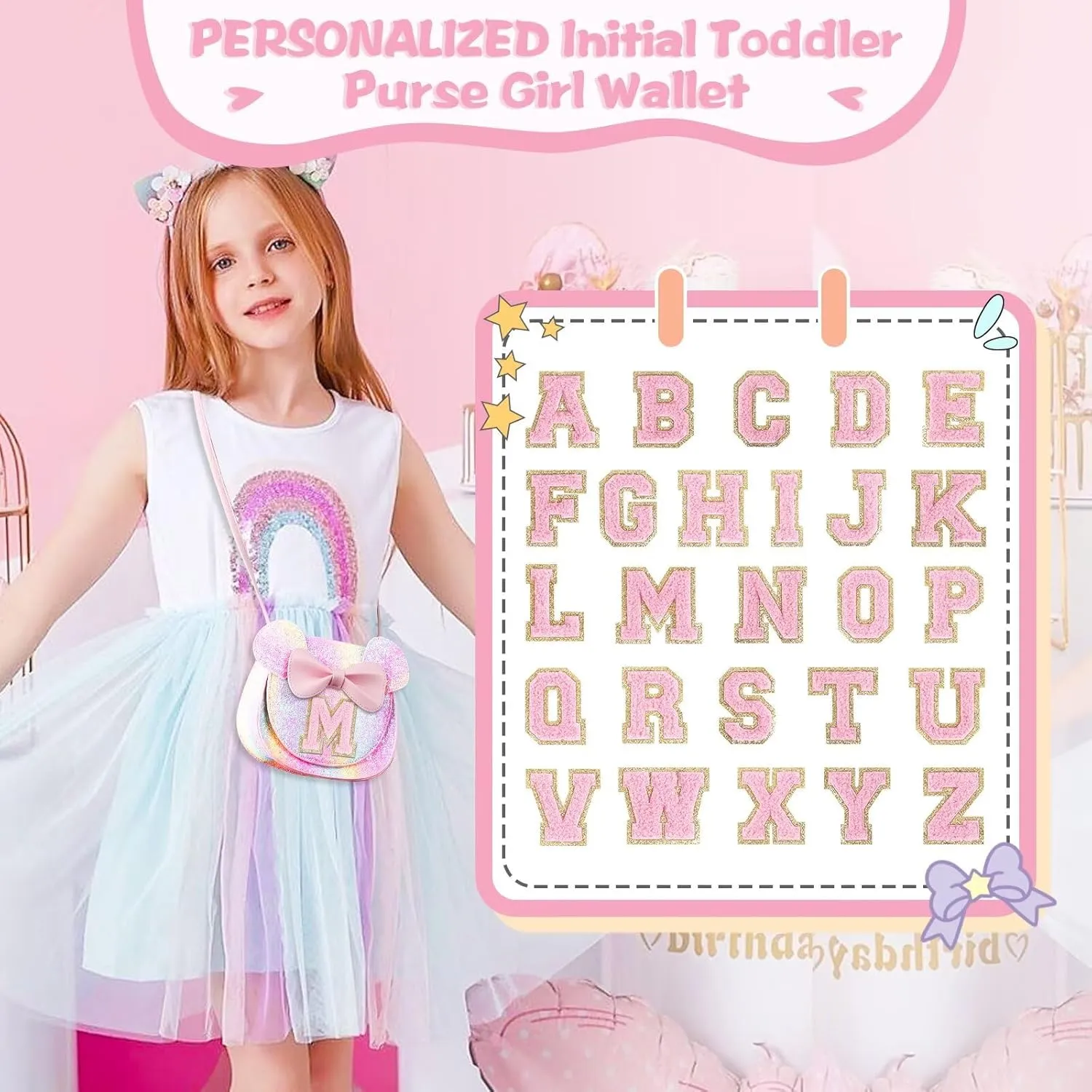 XSUIOY Toddler Purse Girl Wallet for Kids 2-9 Year Old Birthday Gifts,Cute Mouse Ear Bow Crossbody Shoulder Purse,Personalized Initial Purse Toddler Wallet Gifts for Little Girl(glitter pink_S)