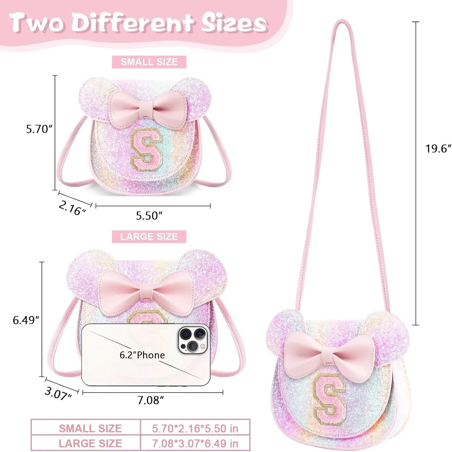 XSUIOY Toddler Purse Girl Wallet for Kids 2-9 Year Old Birthday Gifts,Cute Mouse Ear Bow Crossbody Shoulder Purse,Personalized Initial Purse Toddler Wallet Gifts for Little Girl(glitter pink_S)