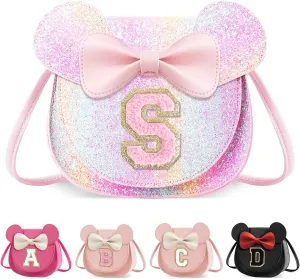 XSUIOY Toddler Purse Girl Wallet for Kids 2-9 Year Old Birthday Gifts,Cute Mouse Ear Bow Crossbody Shoulder Purse,Personalized Initial Purse Toddler Wallet Gifts for Little Girl(glitter pink_S)