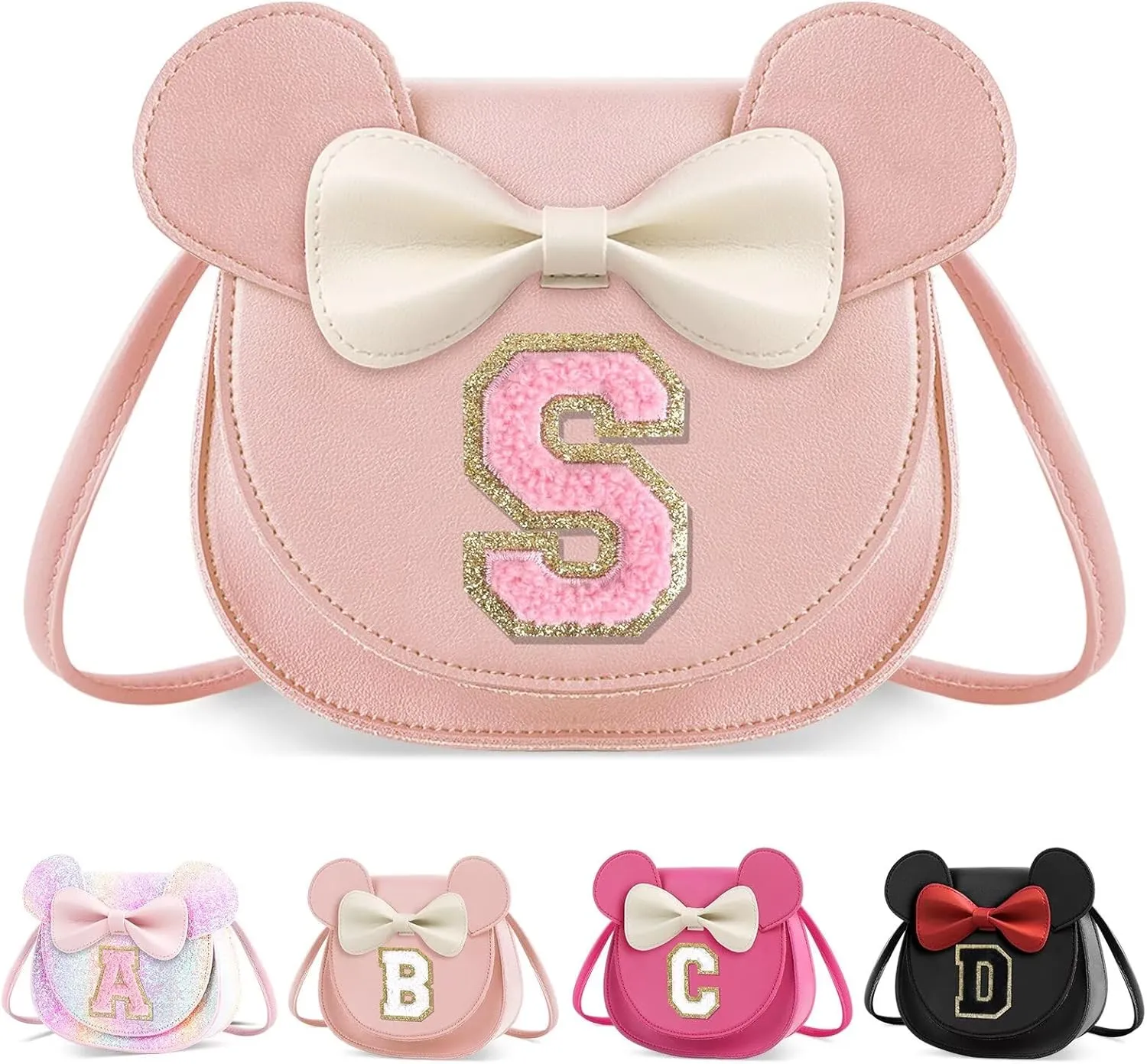 XSUIOY Toddler Purse Girl Wallet for Kids 2-9 Year Old Birthday Gifts,Cute Mouse Ear Bow Crossbody Shoulder Purse,Personalized Initial Purse Toddler Wallet Gifts for Little Girl(pink-S)