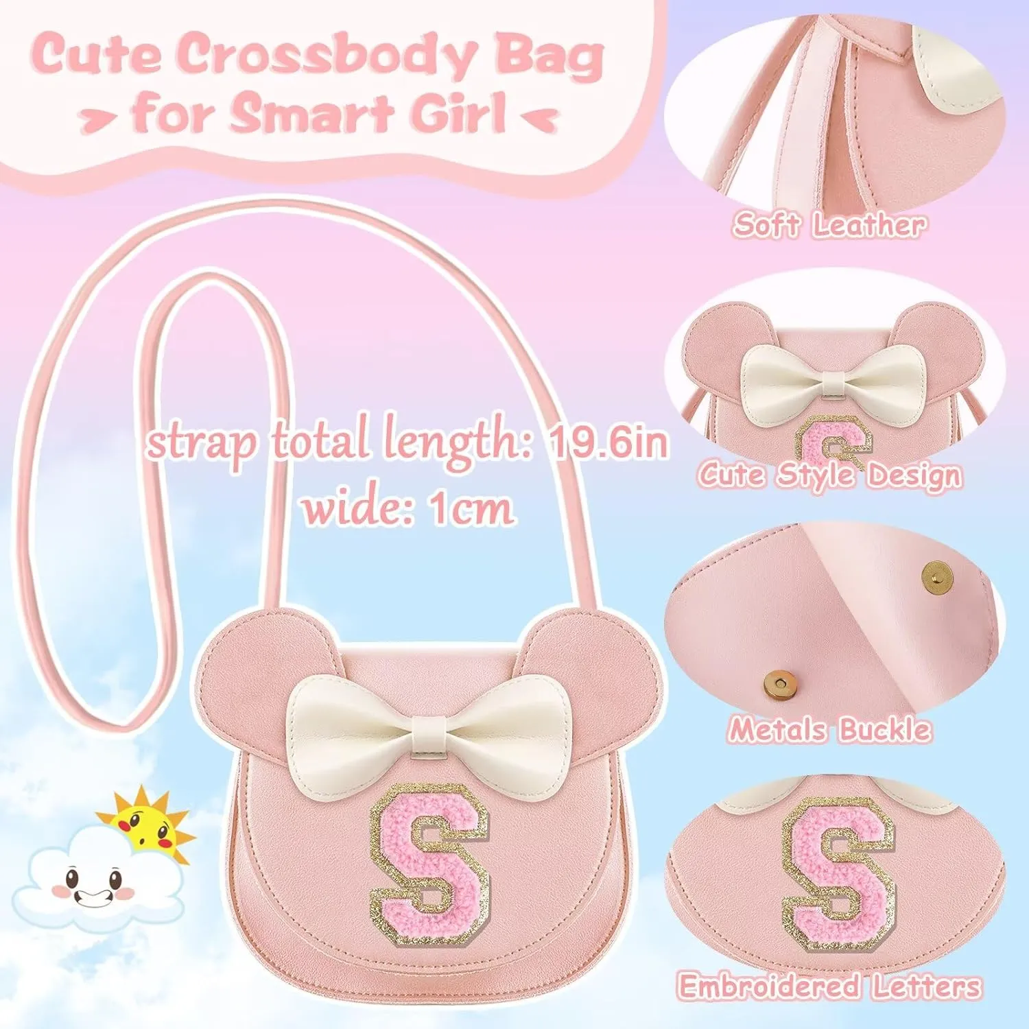 XSUIOY Toddler Purse Girl Wallet for Kids 2-9 Year Old Birthday Gifts,Cute Mouse Ear Bow Crossbody Shoulder Purse,Personalized Initial Purse Toddler Wallet Gifts for Little Girl(pink-S)