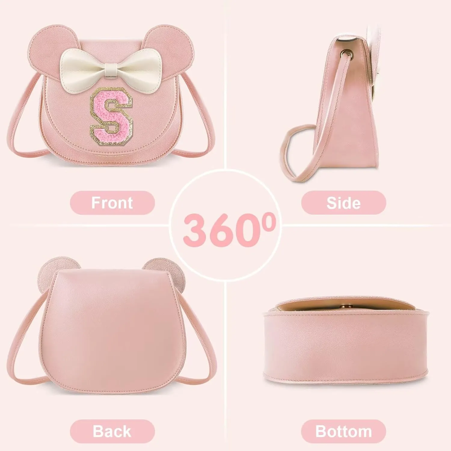 XSUIOY Toddler Purse Girl Wallet for Kids 2-9 Year Old Birthday Gifts,Cute Mouse Ear Bow Crossbody Shoulder Purse,Personalized Initial Purse Toddler Wallet Gifts for Little Girl(pink-S)