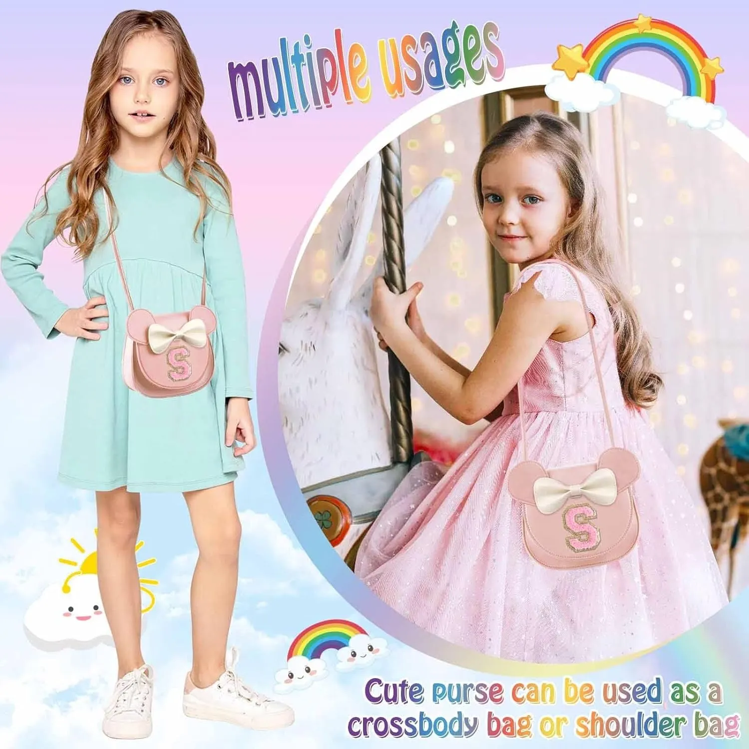 XSUIOY Toddler Purse Girl Wallet for Kids 2-9 Year Old Birthday Gifts,Cute Mouse Ear Bow Crossbody Shoulder Purse,Personalized Initial Purse Toddler Wallet Gifts for Little Girl(pink-S)