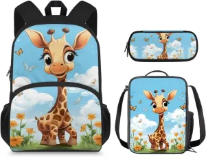 Ystardream Cartoon Giraffe Elementary School Backpack for Girls with Lunch Box and Pencil Case Lightweight School Bookbag for Teens Girls Boys 3 in 1 for Kids School Bag Book Bag Set 15 inch