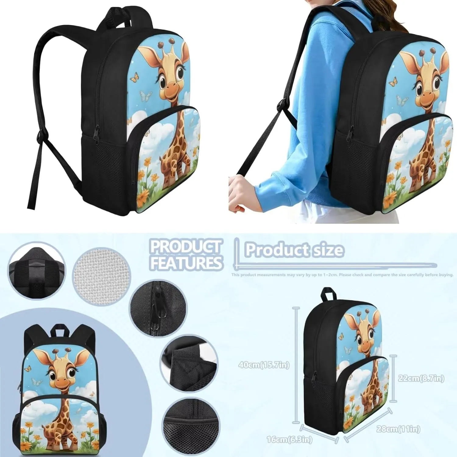 Ystardream Cartoon Giraffe Elementary School Backpack for Girls with Lunch Box and Pencil Case Lightweight School Bookbag for Teens Girls Boys 3 in 1 for Kids School Bag Book Bag Set 15 inch