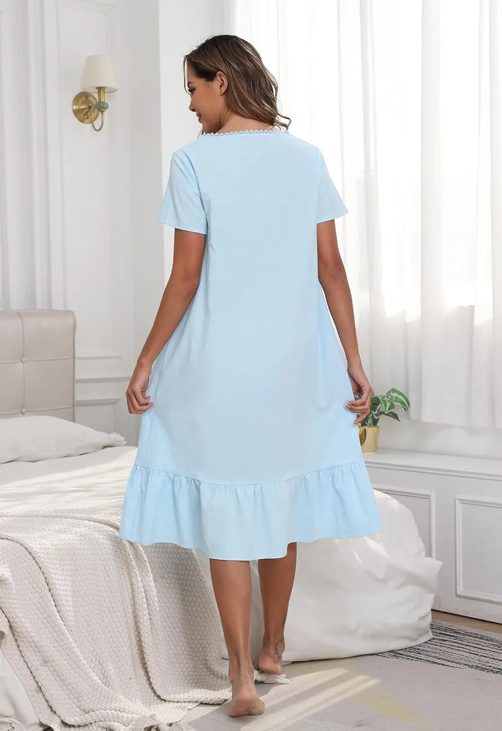 YUNDAI Cotton Nightgowns for Women Short Sleeve Button Lace Collar Trim Loose Sleep Dress Gowns Sleepwear with Pockets
