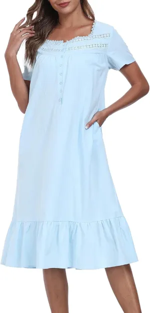 YUNDAI Cotton Nightgowns for Women Short Sleeve Button Lace Collar Trim Loose Sleep Dress Gowns Sleepwear with Pockets