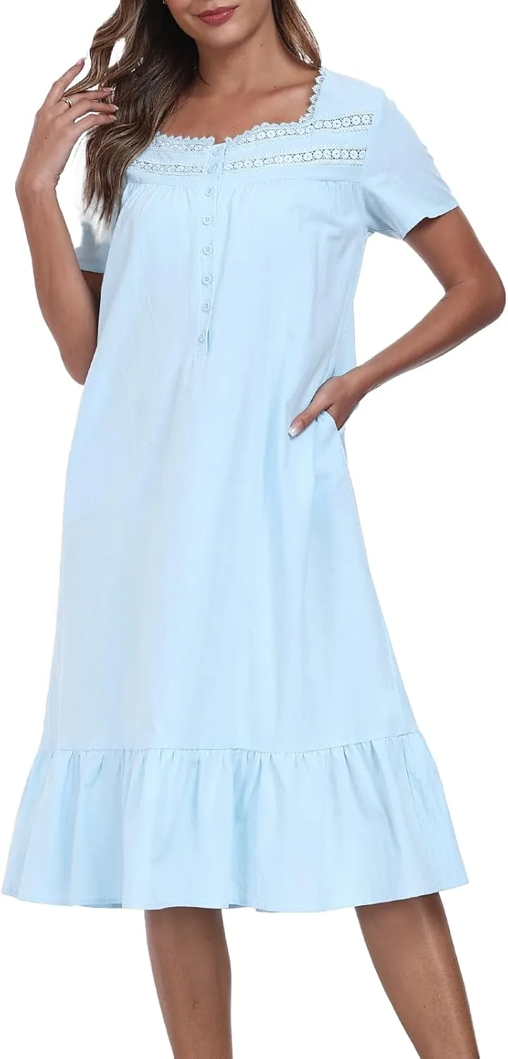 YUNDAI Cotton Nightgowns for Women Short Sleeve Button Lace Collar Trim Loose Sleep Dress Gowns Sleepwear with Pockets