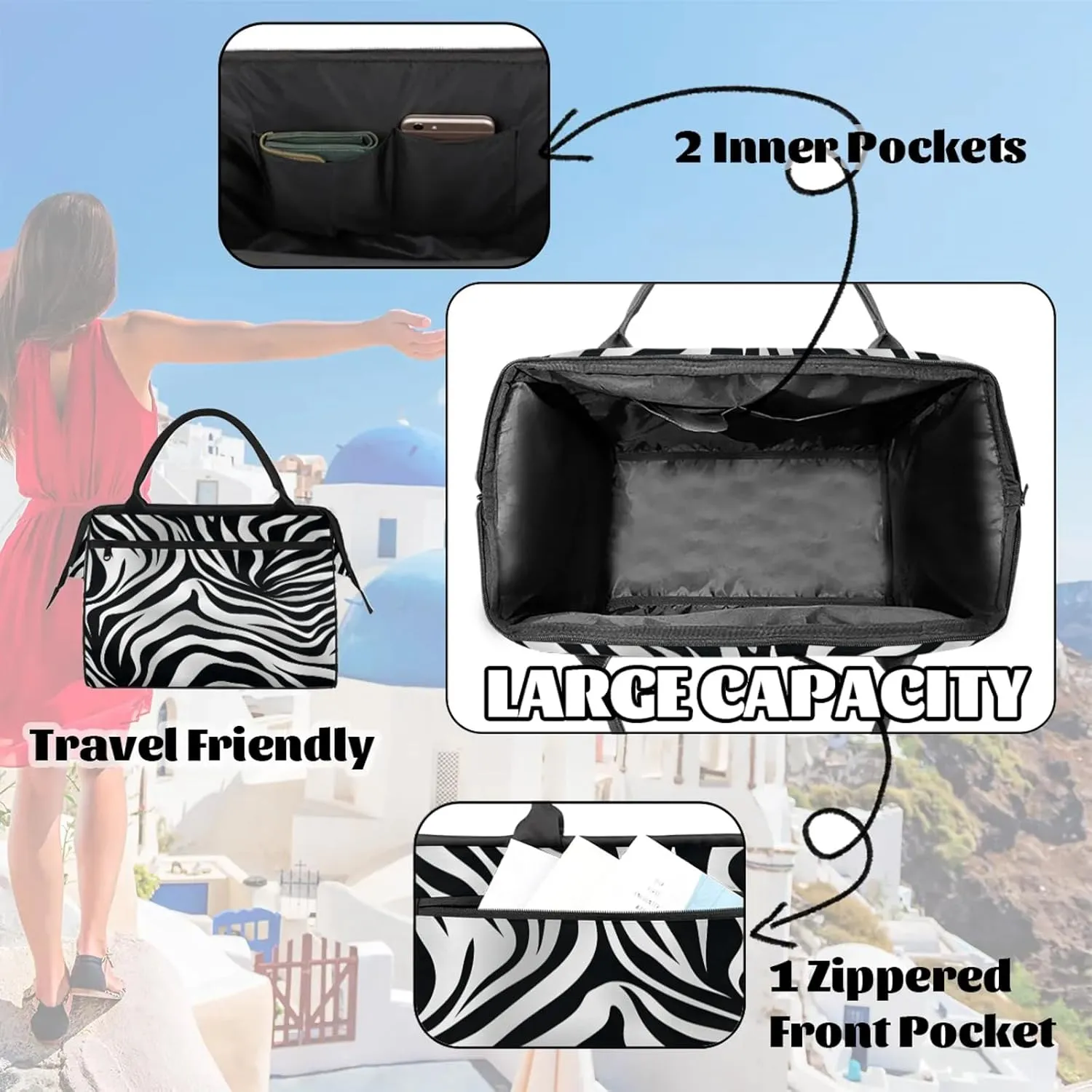Zebra Animal Skin Large Travel Duffel Bag Gym Tote Bag for Women Men Waterproof Weekend Overnight Bag Carry On Tote Luggage with Pocket Personal Item Bags Sports Bag fit Travel Sports Gym Yoga