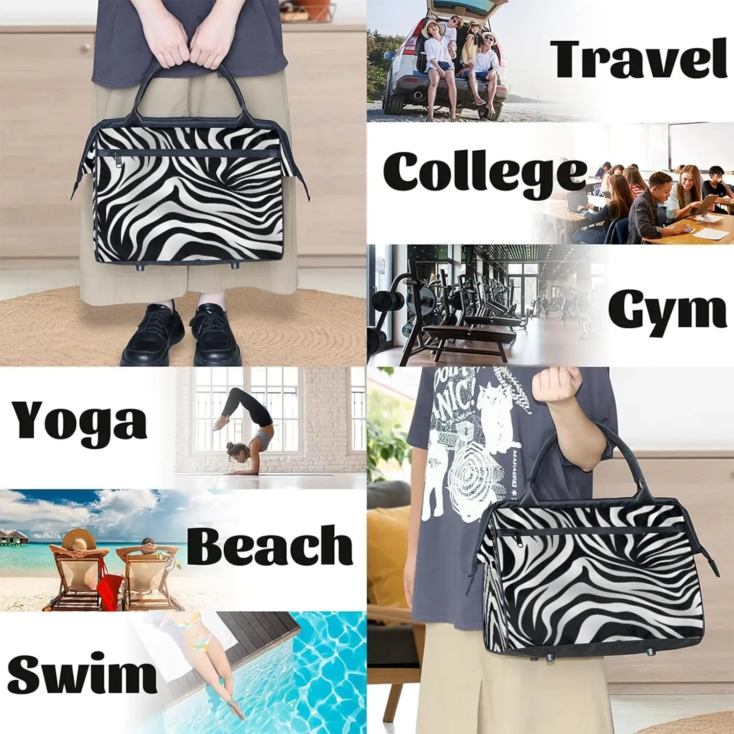 Zebra Animal Skin Large Travel Duffel Bag Gym Tote Bag for Women Men Waterproof Weekend Overnight Bag Carry On Tote Luggage with Pocket Personal Item Bags Sports Bag fit Travel Sports Gym Yoga