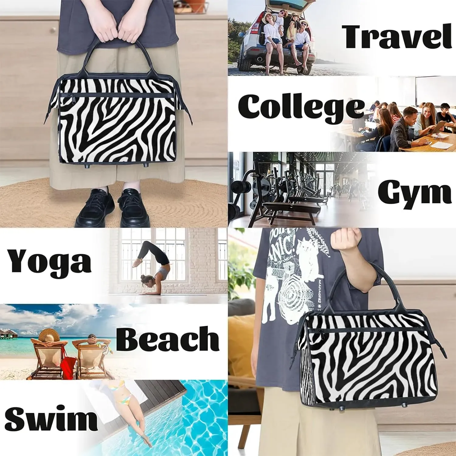 Zebra Skin Abstract Large Travel Duffel Bag Gym Tote Bag for Women Men Waterproof Weekend Overnight Bag Carry On Tote Luggage with Pocket Personal Item Bags Sports Bag fit Travel Sports Gym Yoga