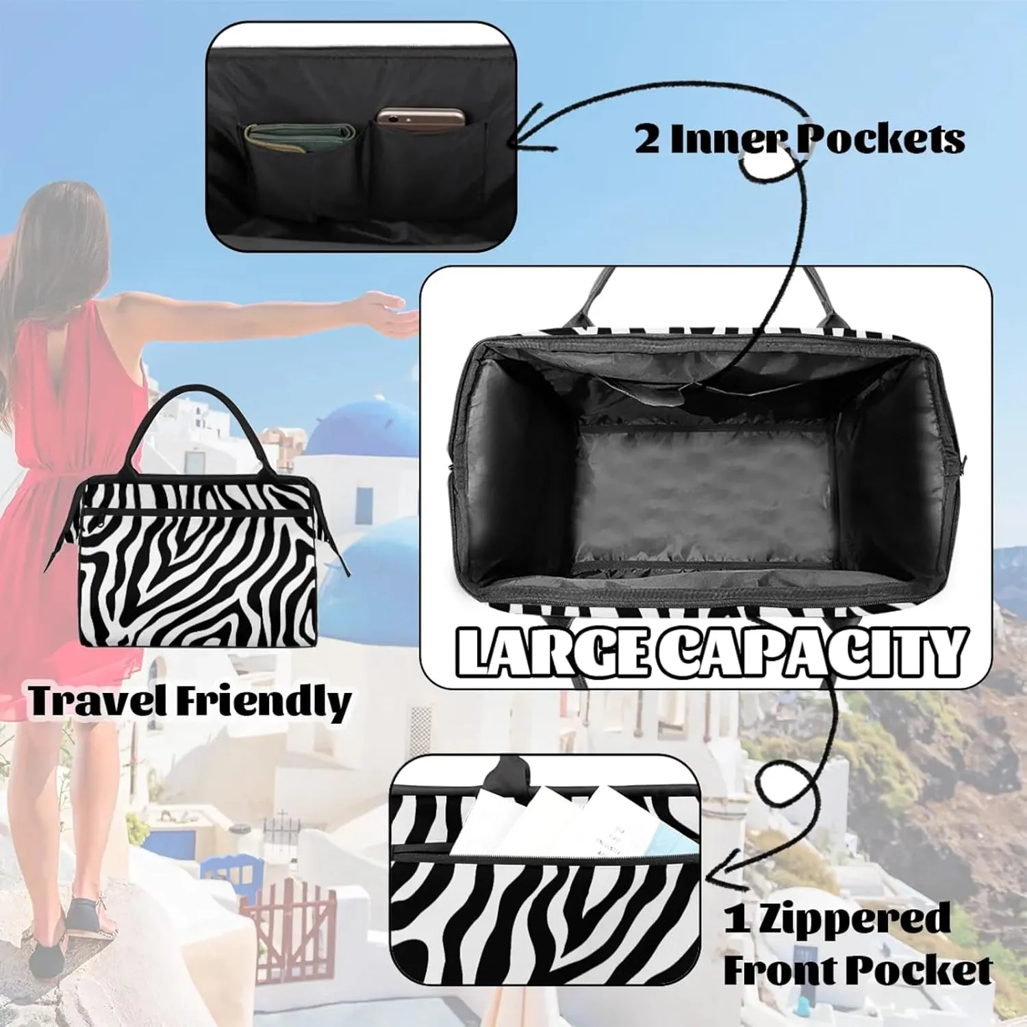 Zebra Skin Abstract Large Travel Duffel Bag Gym Tote Bag for Women Men Waterproof Weekend Overnight Bag Carry On Tote Luggage with Pocket Personal Item Bags Sports Bag fit Travel Sports Gym Yoga