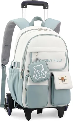 ZHANAO Color-blocking Rolling Backpack for Girls,Kawaii School Bag with Wheels,Trolley Bookbags for Primary Students