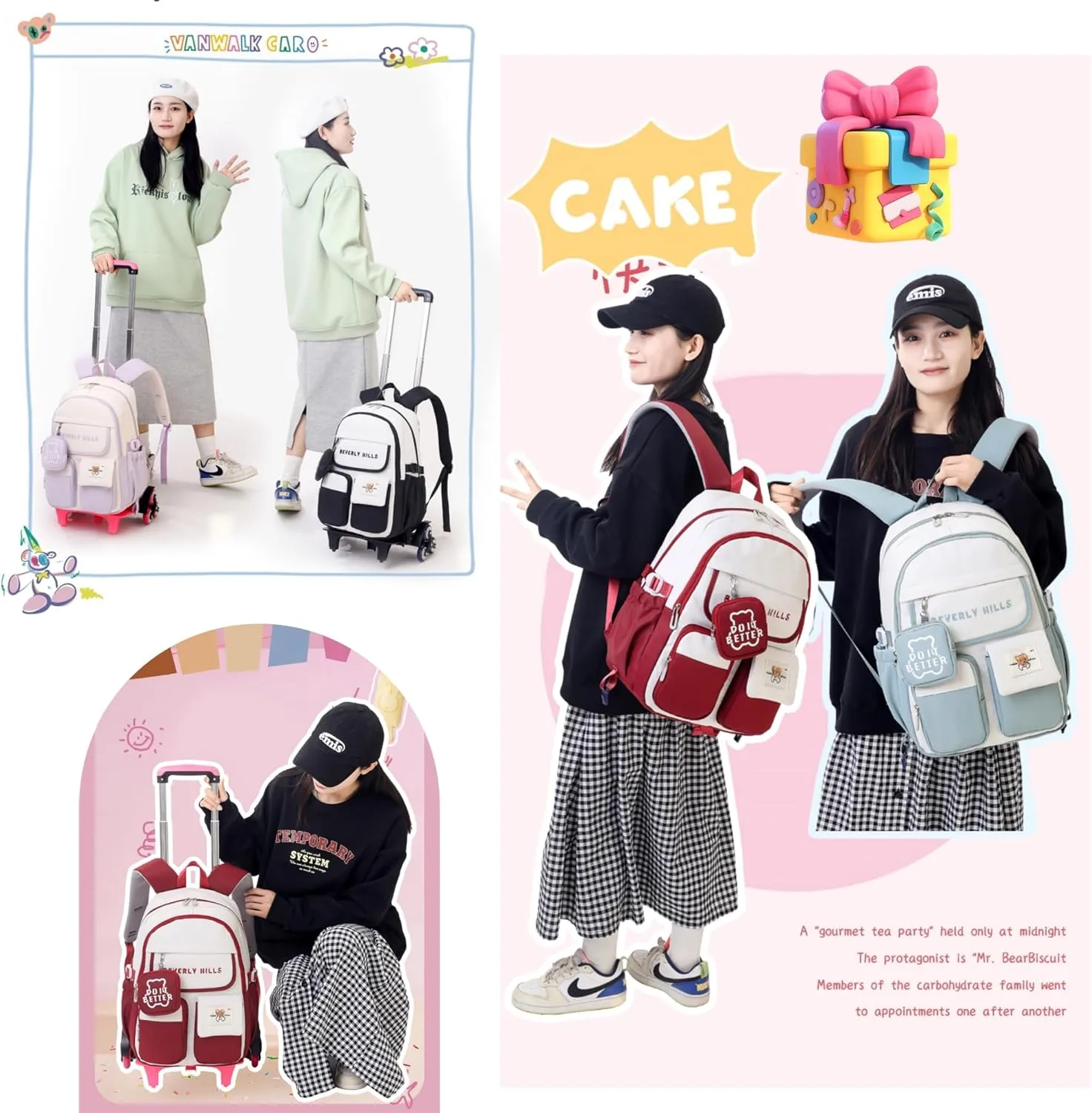 ZHANAO Color-blocking Rolling Backpack for Girls,Kawaii School Bag with Wheels,Trolley Bookbags for Primary Students
