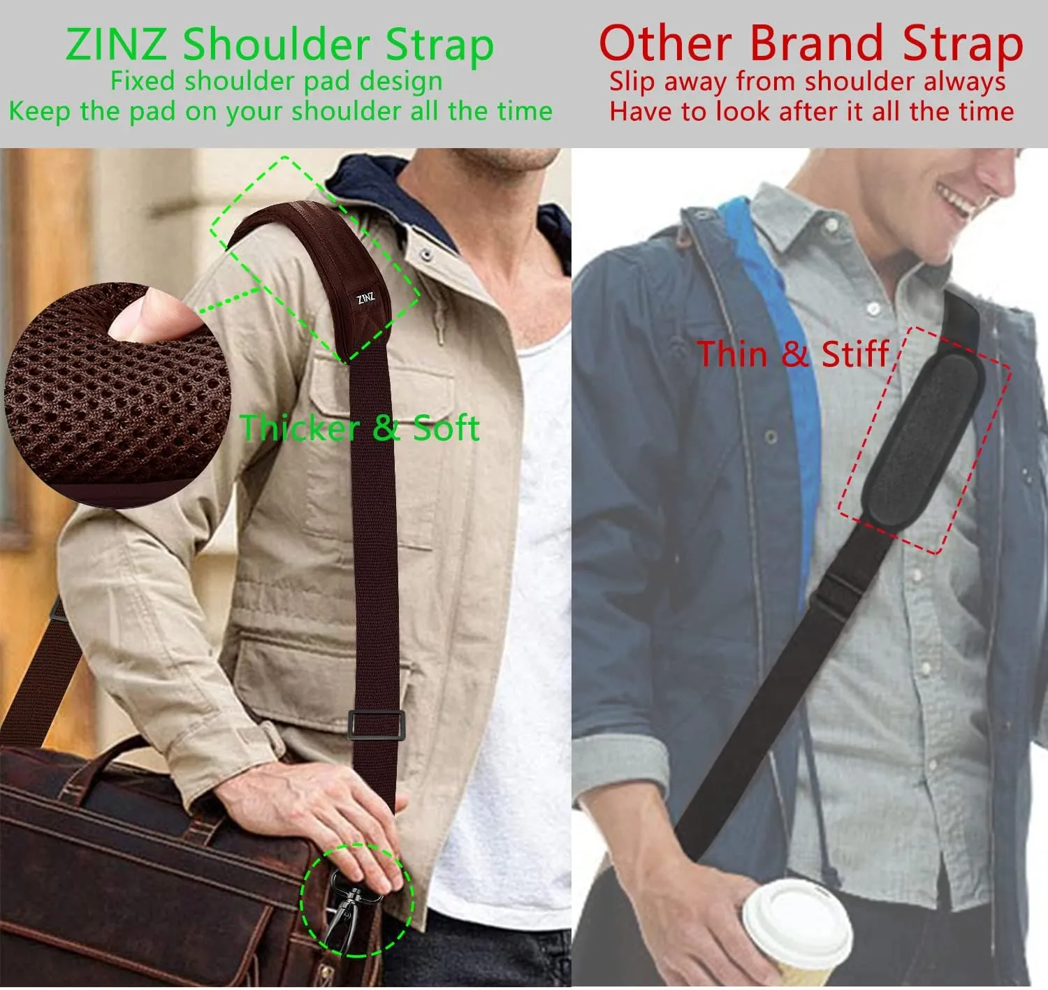 ZINZ 79 inch Shoulder Strap, Extra-thick Fixed Cushion Pad and Dual Clasps Universal Replacement Strap with Metal Swivel Hooks for Laptop Bags, Luggage Bags, Camera, Crossbody (200cm,Brown)