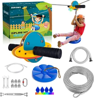 Zip Line Kit for Kids and Adults Outdoor, UFO Trolley 75/100/120/150ft Zipline for Backyard, Up to 350 Lbs, Included Swing Seat, Ziplines Stainless Steel Brake and Safety Cable