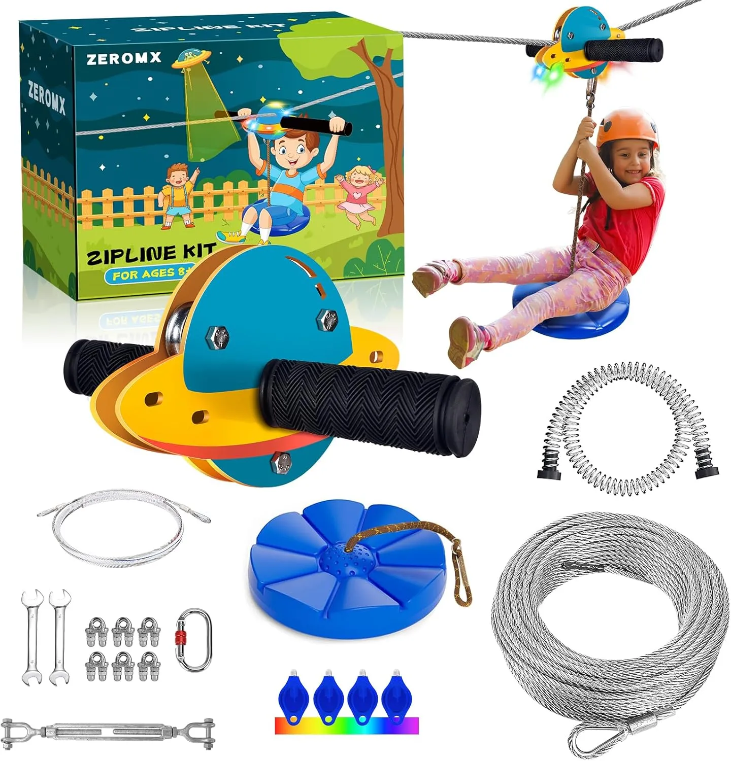 Zip Line Kit for Kids and Adults Outdoor, UFO Trolley 75/100/120/150ft Zipline for Backyard, Up to 350 Lbs, Included Swing Seat, Ziplines Stainless Steel Brake and Safety Cable