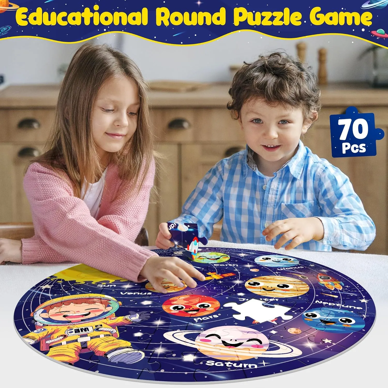 ZIZZ Puzzle for Kids Ages 4-6: Glow in The Dark Solar System Jigsaw Puzzles 70 Piece Space Planets Large Floor Puzzle for Kids 3-10 Years Old Educational Toy Gift for Boys Girls Birthday Christmas
